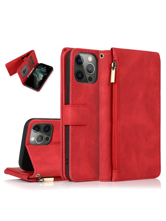 for iPhone 15 Pro Max Case (6.7" 2023) with Zipper Wallet & Wrist Strap & Magnetic Closure Card Slots Kickstand Shockproof Anti-drop Slim Full-around Protective Business Cover, Red