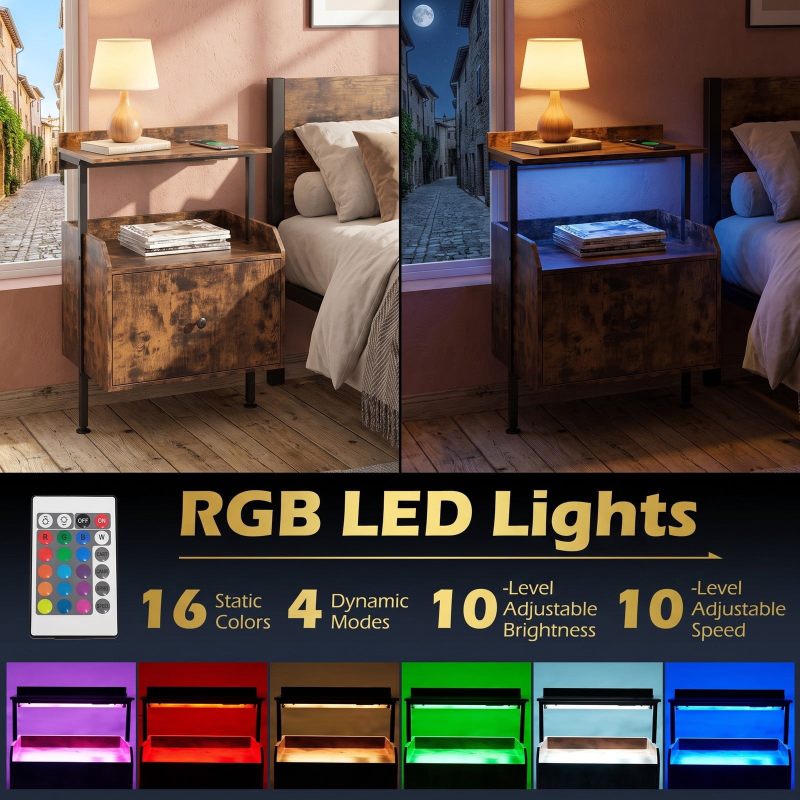 Furnibear Wall-mounted Nightstand with LED Lights and Charging Station, Floating Bedside Table with Open Shelves and Storage Drawer, Rustic Brown