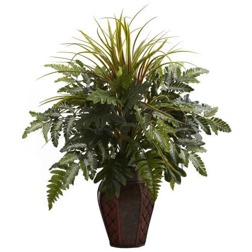 Nearly Natural 6754 Mixed Grass and Fern with Decorative Planter, Green