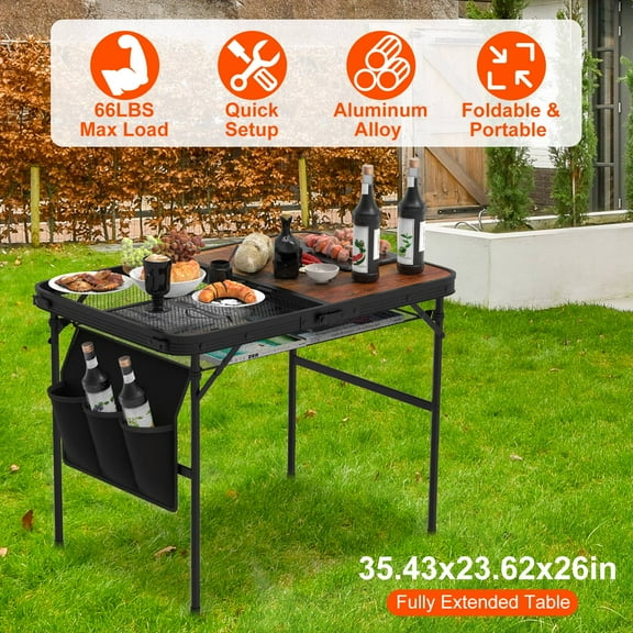 1Pc 35.43x23.62x26in Height Adjustable Foldable Aluminum Alloy Camping Table w/ Storage Net, 66LBS Max Load Collapsible Picnic BBQ Grill Stand Table