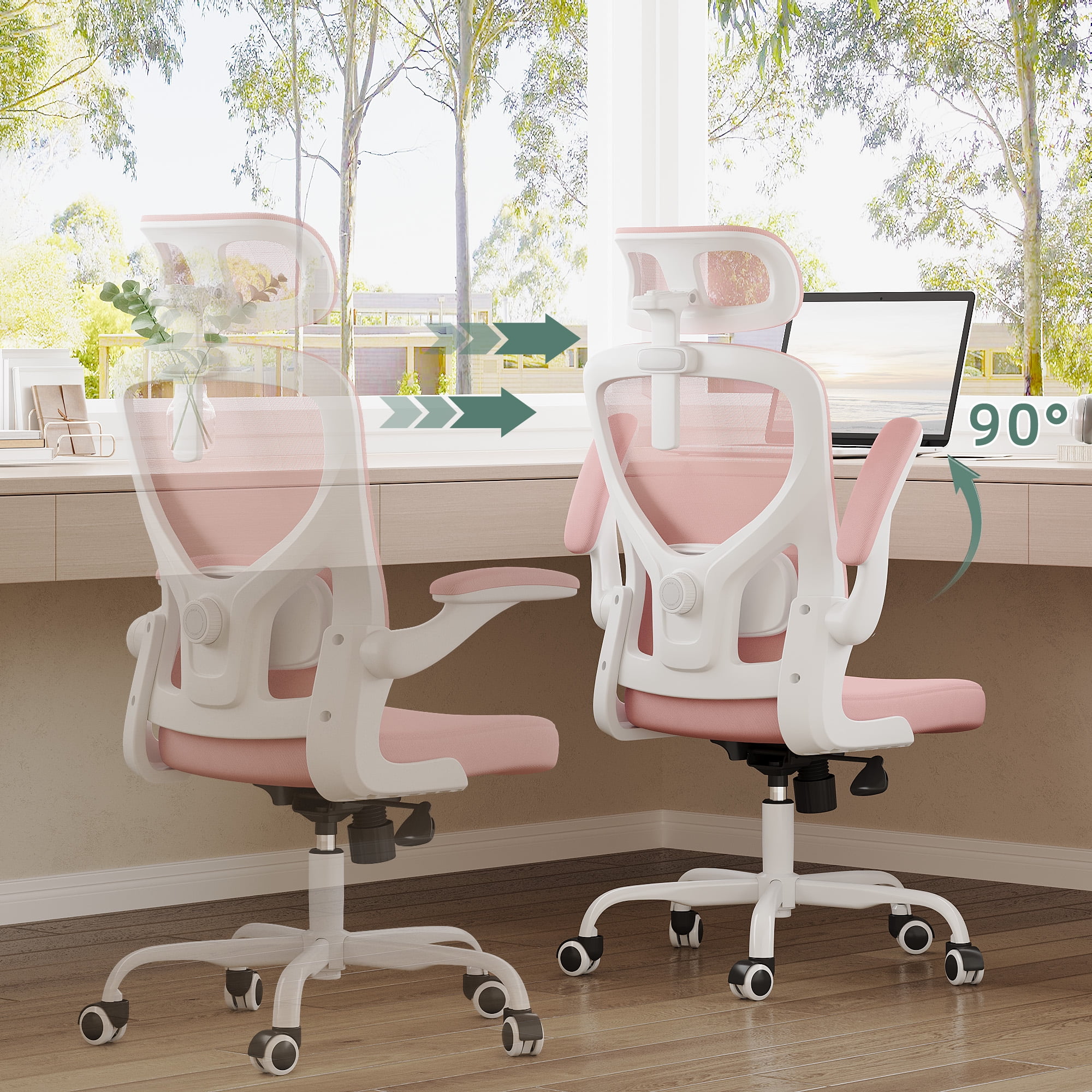 MAYEERTY Ergonomic Home Office Chair with Lumbar Support, Flip-Up Armrests, Headrest for Work & Study,Pink