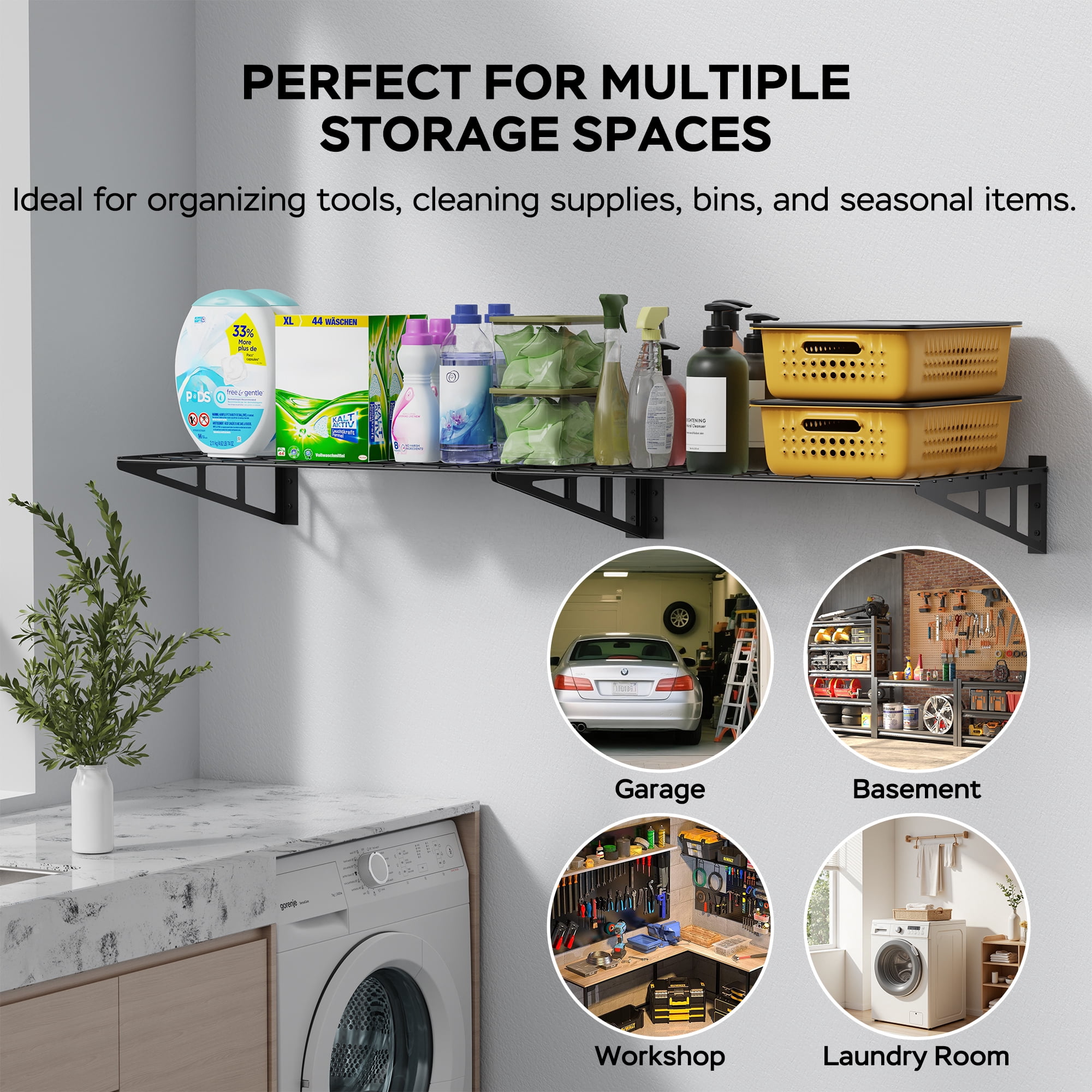 Sedalip 4-Pack Garage Wall Shelves, 2' x 3' Modular Steel Wall Mounted Storage Shelves for Tools, Bins, Tires, Black
