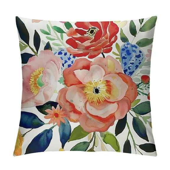 Shiartex  Peony Flower Throw Pillow Covers 18 x 18 Inch Watercolor Pink Floral Decorative Throw Pillow Cases Soft Outdoor Cushion Covers for Sofa Couch Bedroom Home Decor