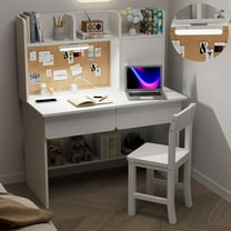 OGKBIR White Wooden Kids Study Desk and Chair Set,Childrens Desk with Light and Charging Station,2 Drawers,Storage Cabinets and 3 Storage Open Shelves,Boys & Girls Study Desk for Bedroom and Kidsroom