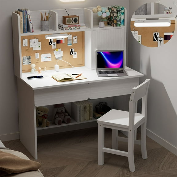 OGKBIR White Wooden Kids Study Desk and Chair Set,Childrens Desk with Light and Charging Station,2 Drawers,Storage Cabinets and 3 Storage Open Shelves,Boys & Girls Study Desk for Bedroom and Kidsroom