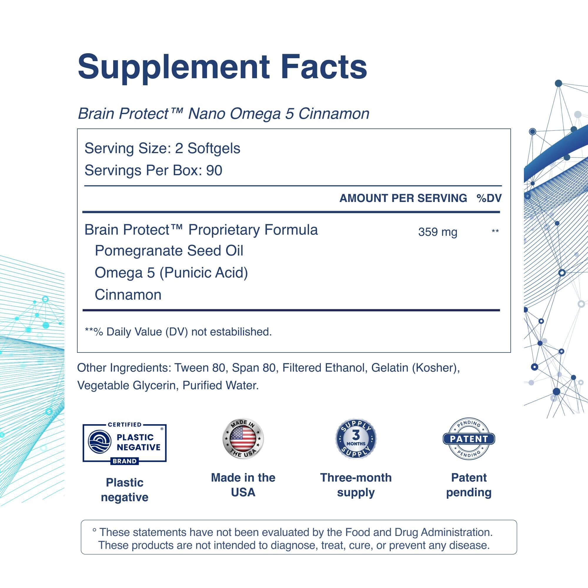 3 MONTH SUPPLY Brain Protect™ Nano Omega 5 Cinnamon Brain Supplement for Memory Focus Patent-Pending Nano-Formulation Antioxidant 180 Softgels Pomegranate Seed Punicic Acid