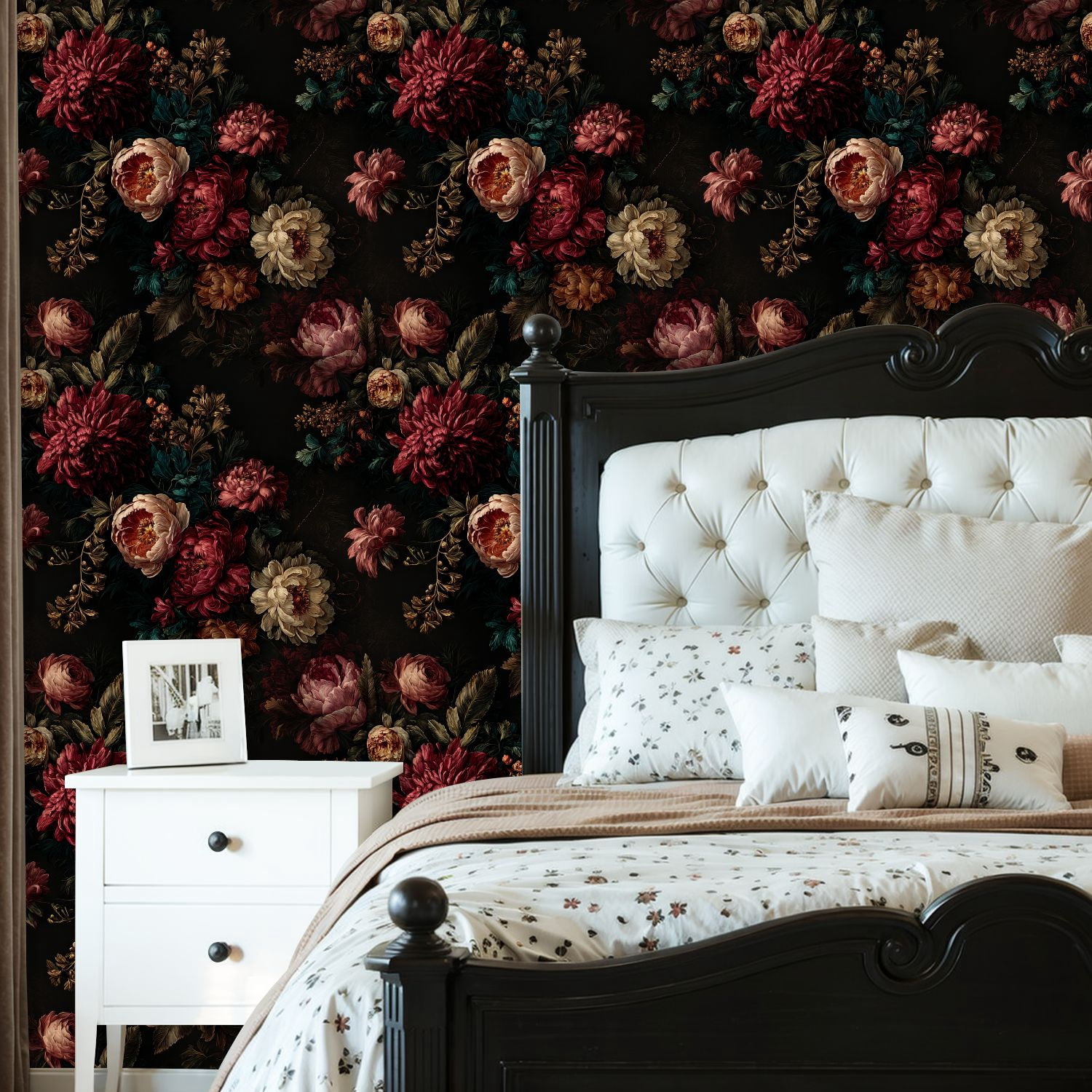 Peel and Stick Wallpaper Dark Vintage Floral Bouquet Deep Red Peonies Botanical Wall Mural 23.6in x 9.8ft Self Adhesive Removable Wall Paper Renter Friendly Wallpaper for Nursery Bedroom Cabinets