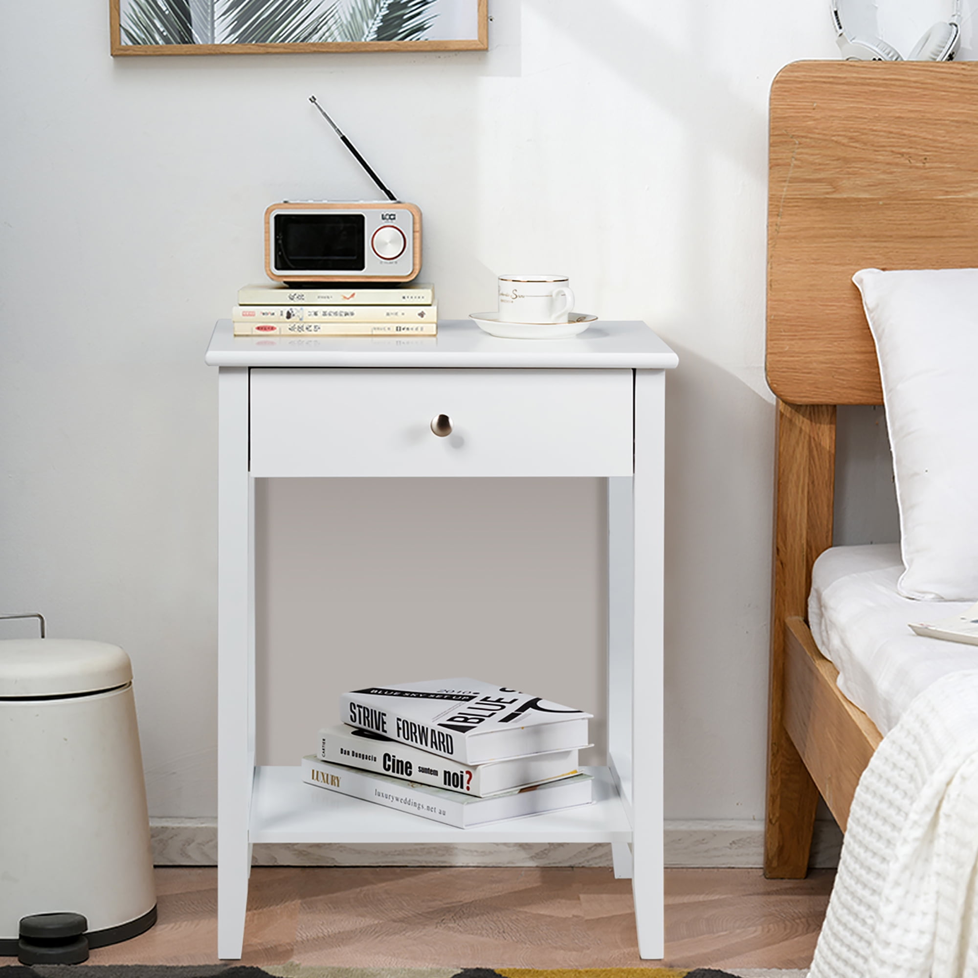 Costway Nightstand End Table Storage Display Bedroom Furniture Drawer Shelf Beside White