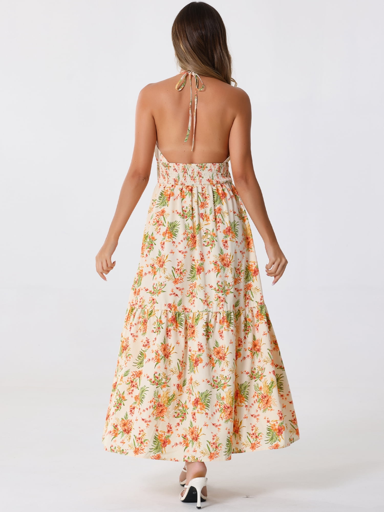 DARING DIVA Women's Halter Sleeveless Boho Floral Maxi Dress XL Apricot