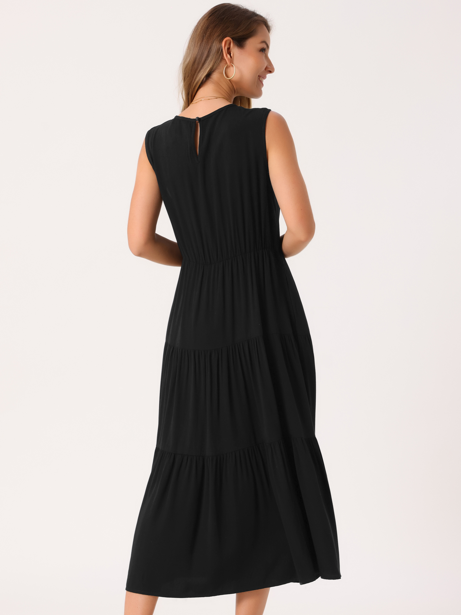 DARING DIVA Sleeveless Crewneck Tiered Casual Midi Dress XL Black