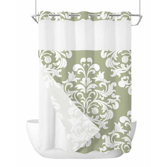 No Hook Cloth Fabric Shower Curtain with Snap in Liner, Baroque Sage Green Waterproof Shower Curtains Set with See Through Top Window, Vintage Damask Classic Floral Bath Curtains Shower 60"x72"