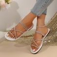 thumbnail image 6 of Women's Rhinestone Strappy Flat Sandals Criss Cross Slip on Slide Sandals Women's Slide Sandals Summer Open Toe Flat Sandal Rhinestone Glitter Casual Fashion Slippers Slip On Sparkly Bling Flats, 6 of 9
