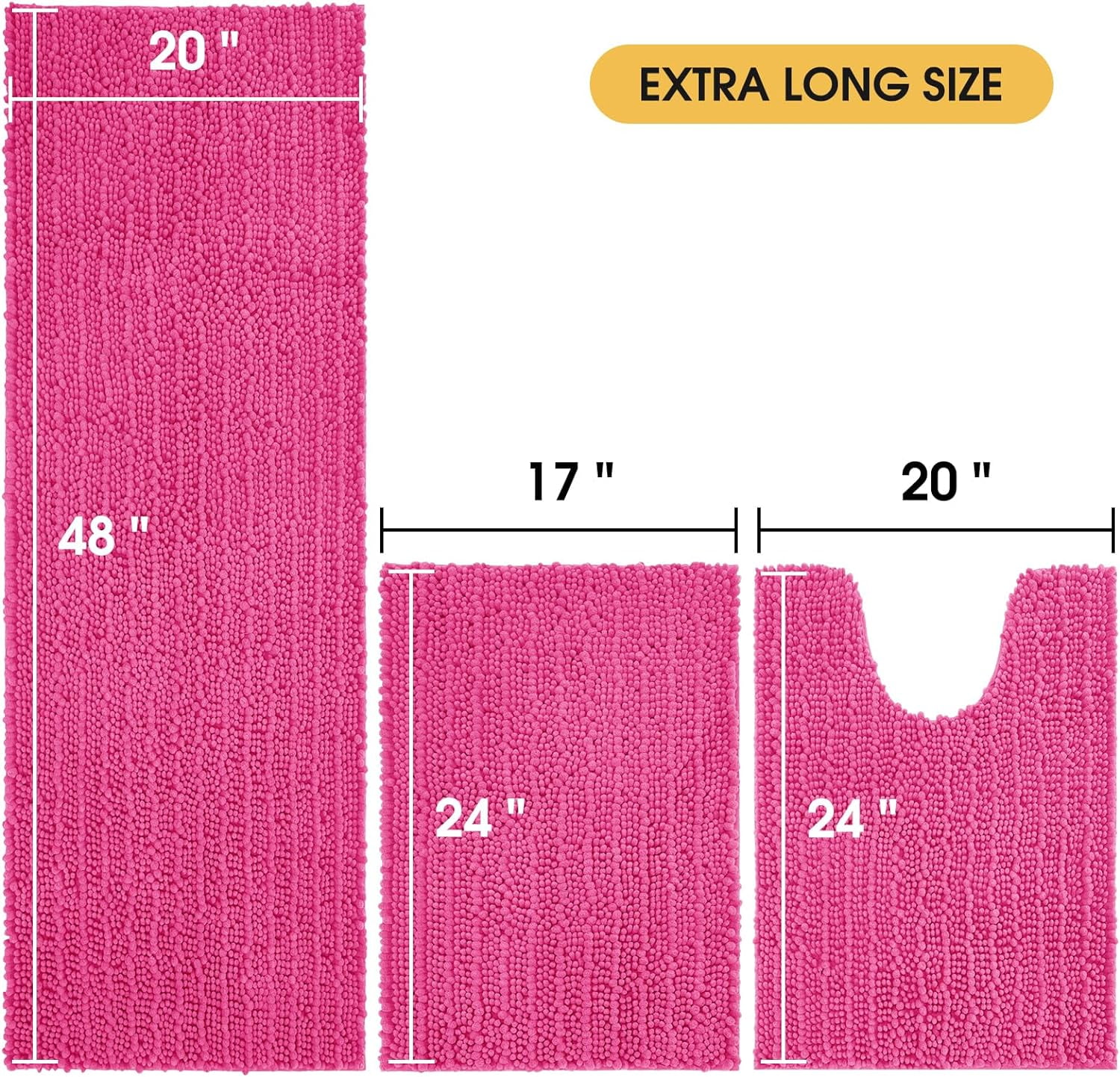 HAKUNA Upgrade Extra Large Shiny Pink Bathroom Rug Set 3 Pieces Ultra Soft, Thick Absorbent Bath Mats, Non Slip Chenille Toilet Mat for Bathroom, Bedroom, Kitchen