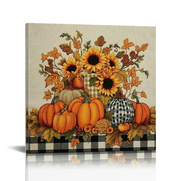 JRXY Canvas Wall Art Thanksgiving Leopard Pumpkin Sunflower Buffalo Plaid Picture Framed Abstract Painting Print for Home Decor, Ready to Hang 12x12 in