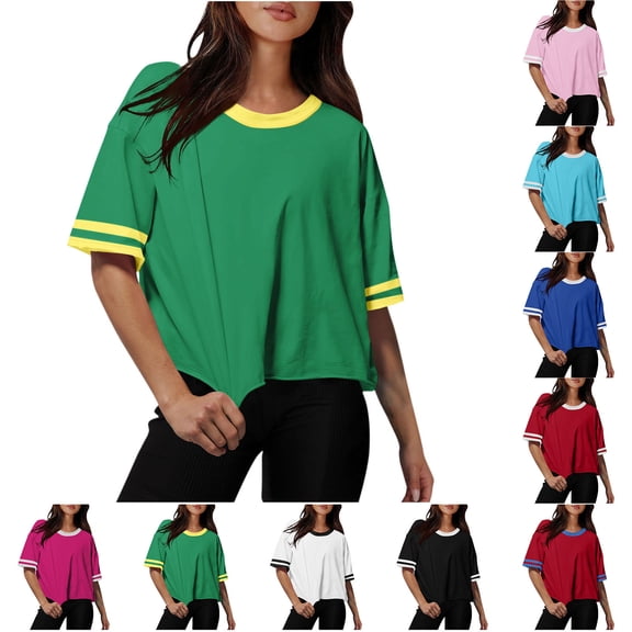 TAGOLD Summer Casual Tops,Plus Size T-shirt Blouse for Womens, Women Drop Shoulder Round Neck Oversized Crop Workout Tees,Short Sleeve Round-Neck Blouses & Shirts