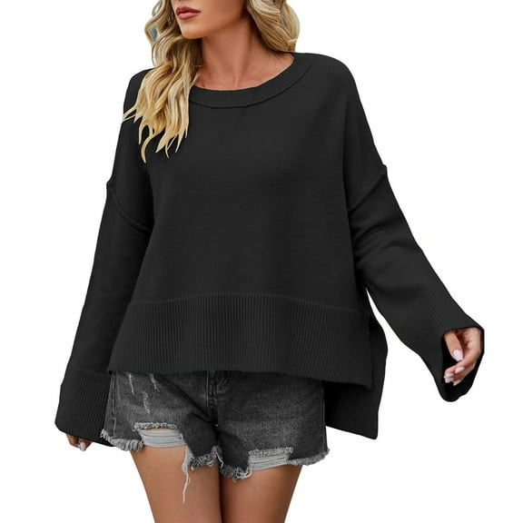 Duoif Sweaters for Women Trendy Women's Fashion Solid Color Crew Neck Sweater Loose Flared Sleeve Pullover Sweater Women's Sweaters Womens Tops Black L