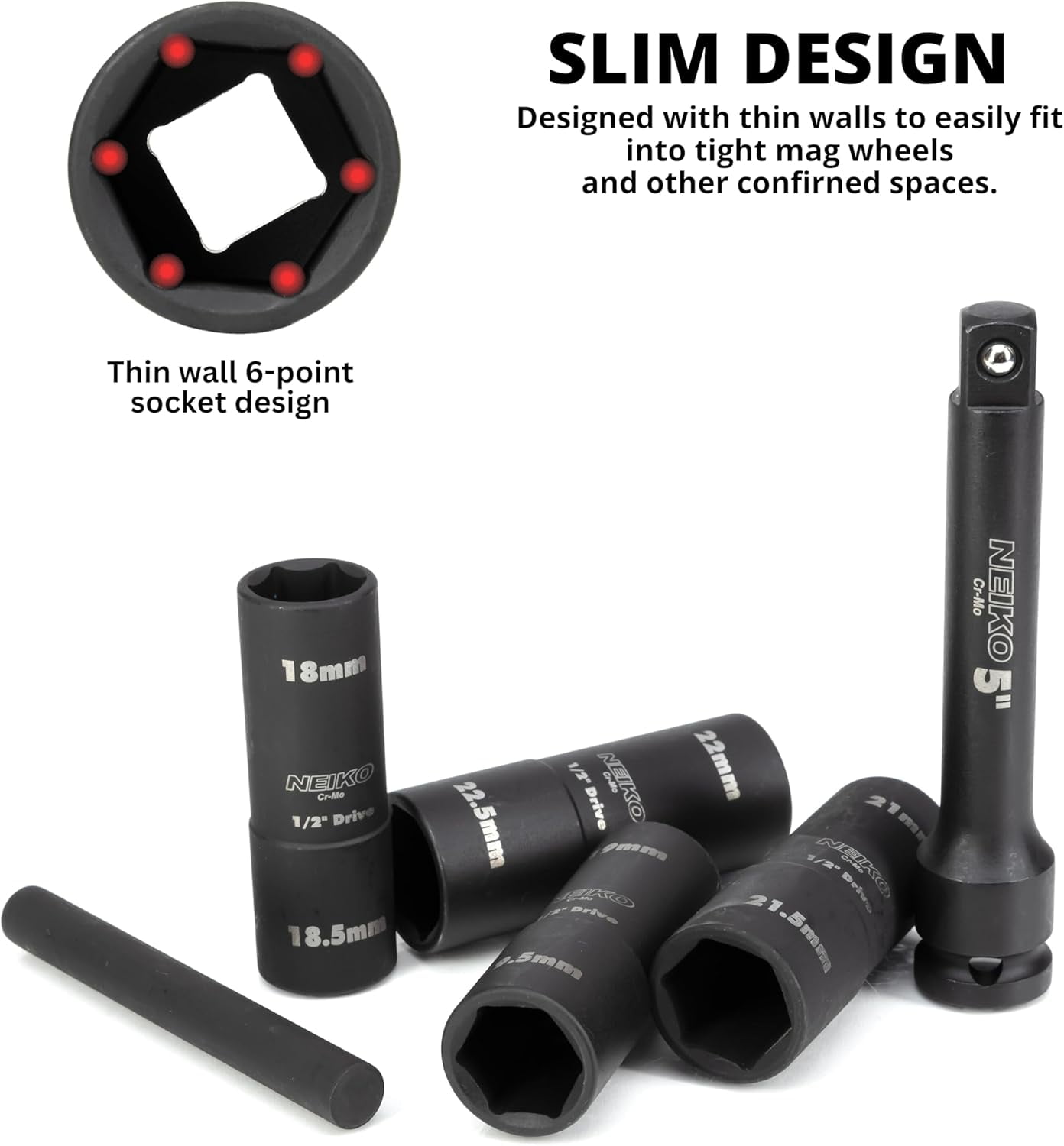 NEIKO 02290B Lug Nut Socket Set, 1/2” Impact Thin Wall Flip Socket Set, Half Size Wheel Socket Set, Metric 6 Point, 5" Extension Bar & Knockout Bar, 18.5mm, 19.5mm, 21.5mm, and 22.5mm