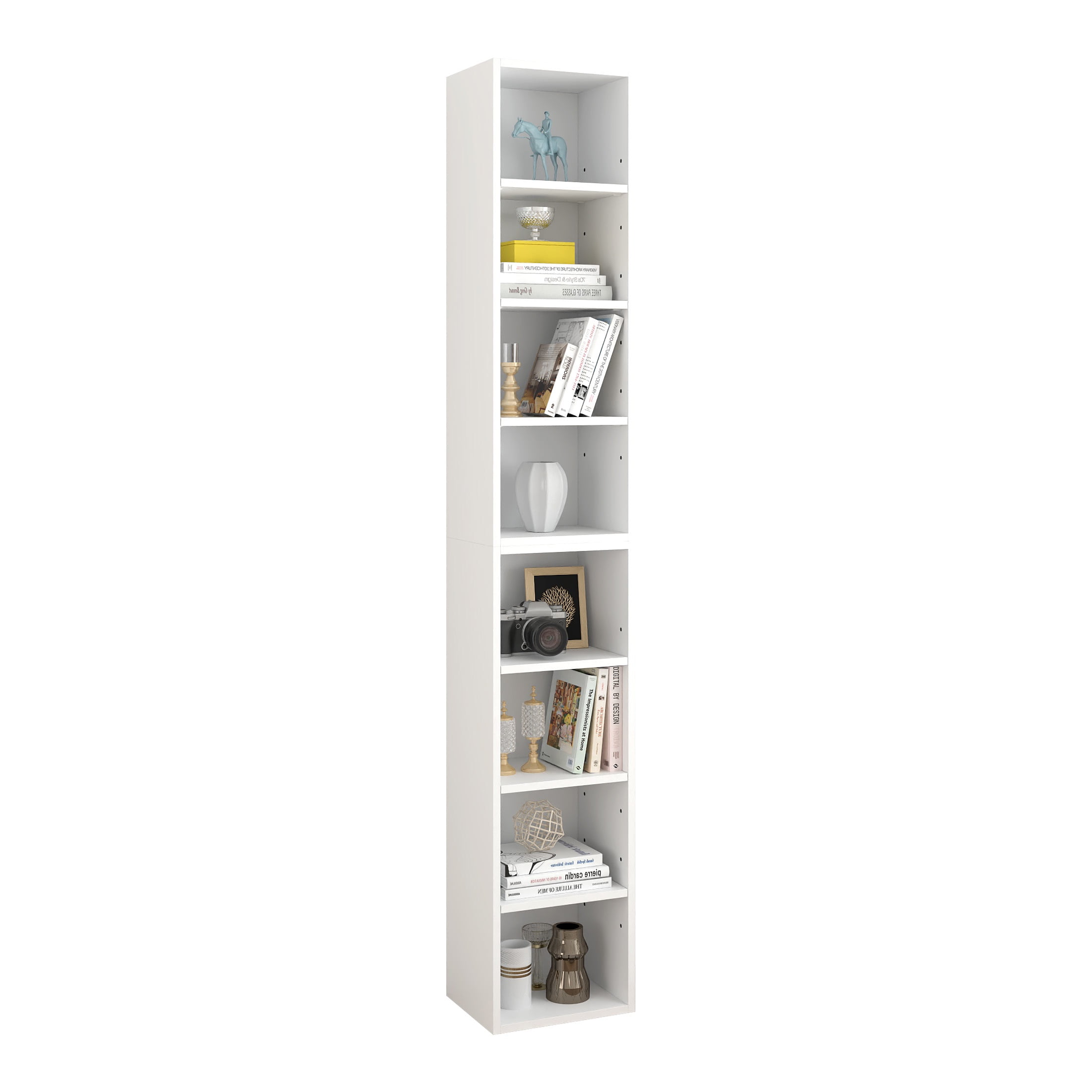 PORKISS 8-Tier White Bookshelf, Wood Open Display Bookshelf with Adjustable Shelves, Tall Narrow Bookcase with Slim Storage, Modern Book Display Shelf Media Tower Rack for Living Room, Home Office