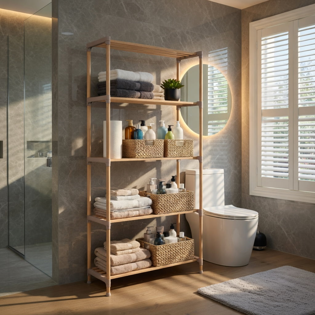 Hommoo 3-Tier Over-the-Toilet Storage Rack, Rustic Pine Wood Bathroom Organizer with Open Shelves, Gray