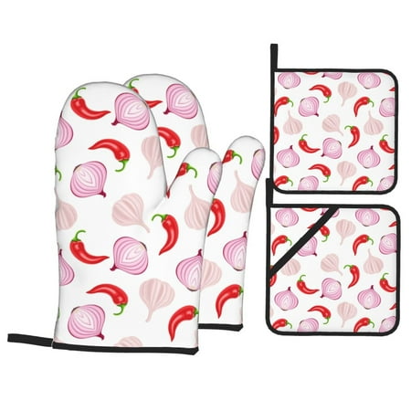 

Oven Mitts and Pot Holders Sets 4 pcs - Chili Pepper onion garlic Heat Resistant Silicone Oven Gloves with Non-Slip Silicone Surface and hot pads for kitchen Baking Cooking BBQ