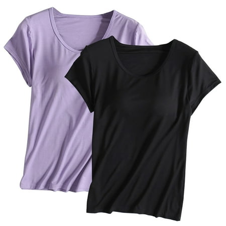 WCMZJ 2PCS Womens Built in Bra T Shirt Padded Active Yoga Oversize Tops Short Sleeves Plain Blouses Soft Pajama Casual Workout Shirts Purple 3XL