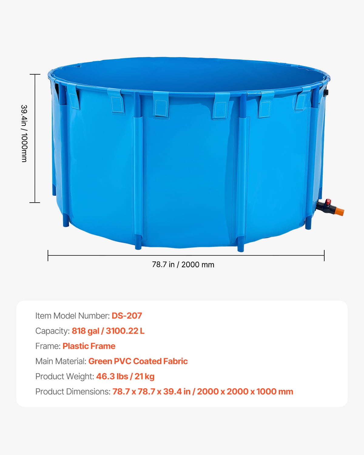 VEVOR Canvas Fish Pond, 818 Gal Capacity Above Ground Fish Pond, Foldable PVC Koi Tank, Round Goldfish Tank with Stable Frame and Drain Valve, for Aquaculture, Koi Breeding, and Irrigation