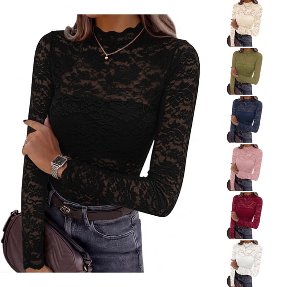 WULMLEO Lace Tops for Women Mesh Sheer Long Sleeve Shirts Going Out Blouses Black S