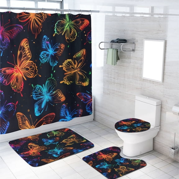 Butterfly 4 Pcs Shower Curtain Set Fantasy Colorful Butterflies Black Night Sky with 12 Hooks, Bath Mat Set Bathroom Decor by Durable Waterproof Fabric, 72x72 Inch
