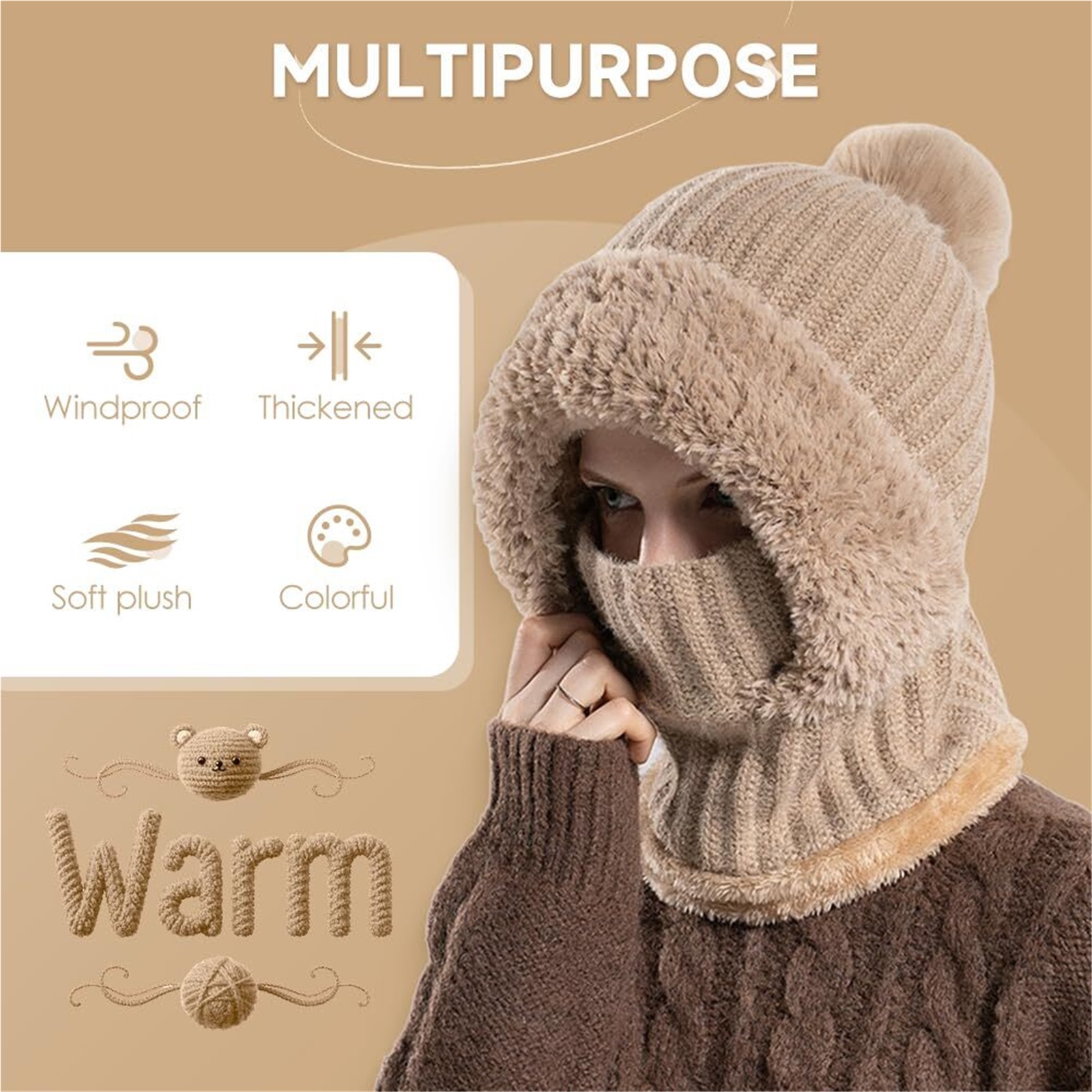3 in 1 Beanie Hat for Women, Winter Warm Knitted Balaclava Scarf with Face Cover, Windproof Fleece Lined Ski Snow Hat