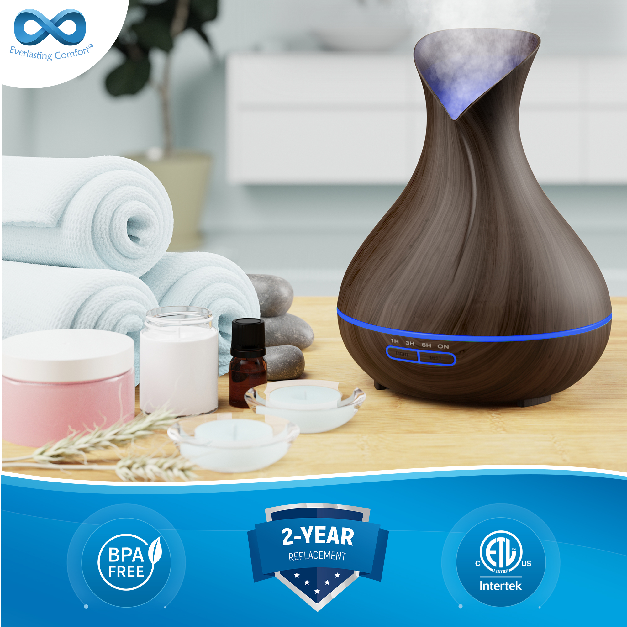 Everlasting Comfort 13 oz Ultrasonic Cool Mist Oil Diffuser, Dark Wood photo 5