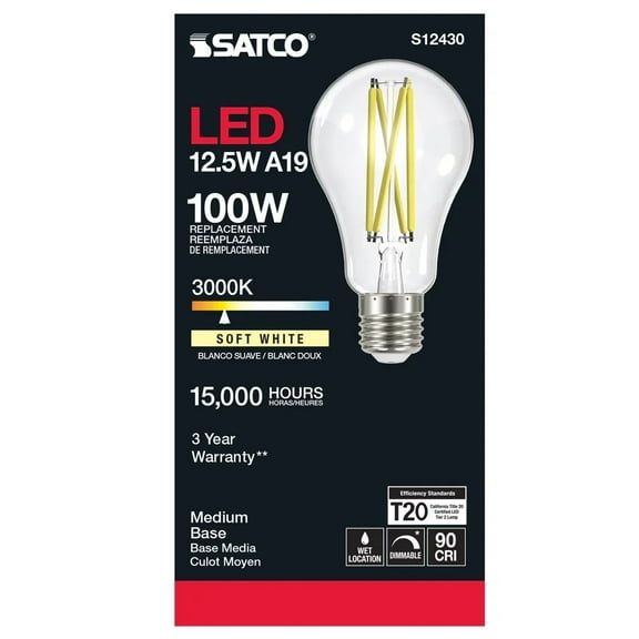 12.5 Watt LED A19 - Clear - Medium Base - 3000K - 90 CRI - 120 Volt -  6 Pack