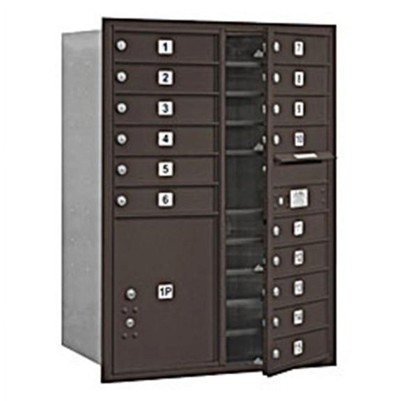 11 Door High Recessed Mounted 4C Horizontal Mailbox with 15 Doors and 1 Parcel Locker in Bronze with Private Access - Front Loading