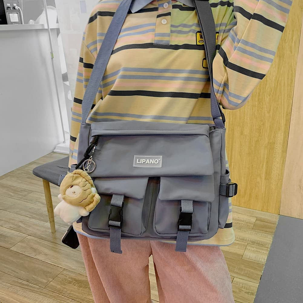 Juoxeepy Aesthetic Messenger Bag with Stuffed Pendant and Pins Kawaii Crossbody Bag for Women Nylon Messenger Bag