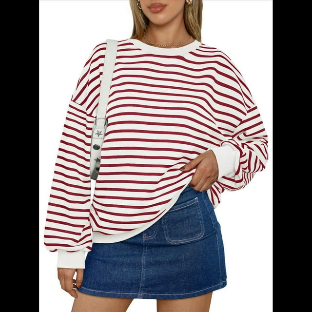 Sudadera de Cuello Redondo A Rayas de Gran Tamaño para Mujer, Jersey de Larga con Bloques de Color, Camiseta Informal Holgada para Hacer Ejercicio, Color Rojo, Talla XL