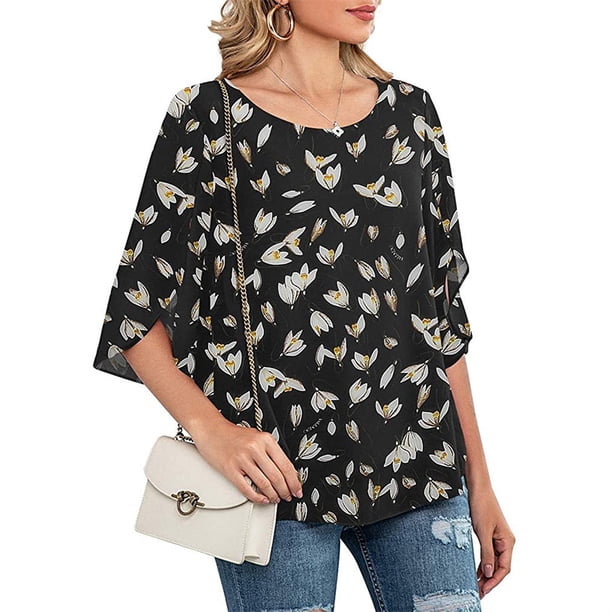 Qarigey Camisa de mujer Estampado de media manga Top Camisa de mujer Estampado de medio cuello Blusa informal Prendas para la parte del cuerpo flor blanca negra XL