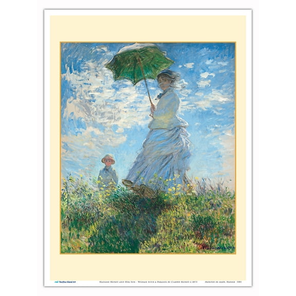 Madame Monet and Her Son - Woman with a Parasol - From an Original Color Painting by Claude Monet c.1875 - Master Art Print (Unframed) 9in x 12in