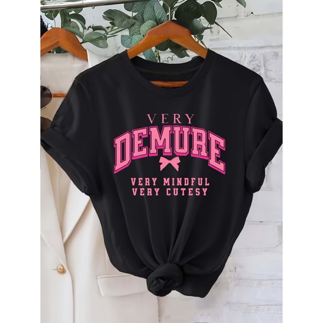 Alphabet Pattern Crew Neck Short Sleeve T-Shirt - Polyester Knit Fabric, Regular Length, 95% Polyester 5% Elastane, Women's Casual, All-Season Top, Black & White Options