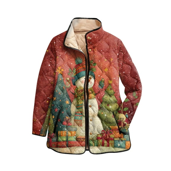 Women's Christmas Print High-Neck Padded Long Sleeve Button-Up Cotton Coat Winter Coats For Women Womens Puffer Jacket Winter Clothing For Women