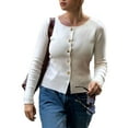 thumbnail image 2 of Women's Crewneck Long Sleeve Button Down Knit Cardigan Sweater White L, 2 of 7