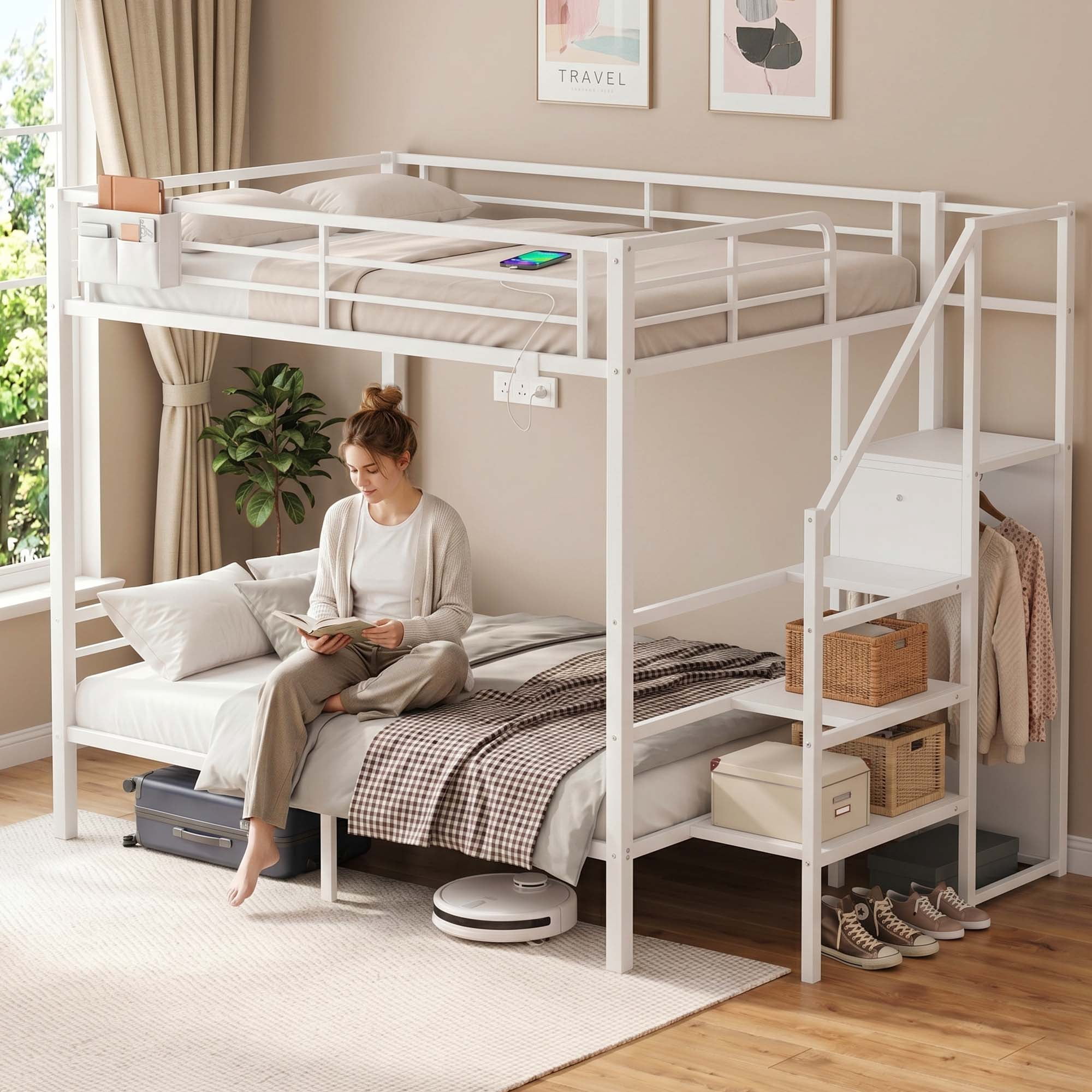 Miniyam Full Over Full Bunk Bed with Stairs, Storage and Charging Station, Metal Frame, White