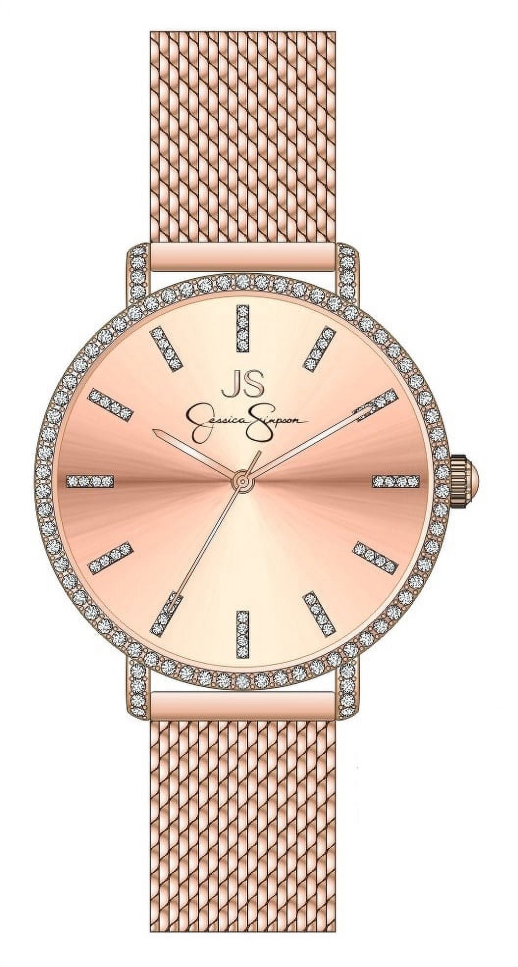 Jessica Simpson Rose Gold Tone 36mm Crystal Encrusted Adjustable Mesh Watch
