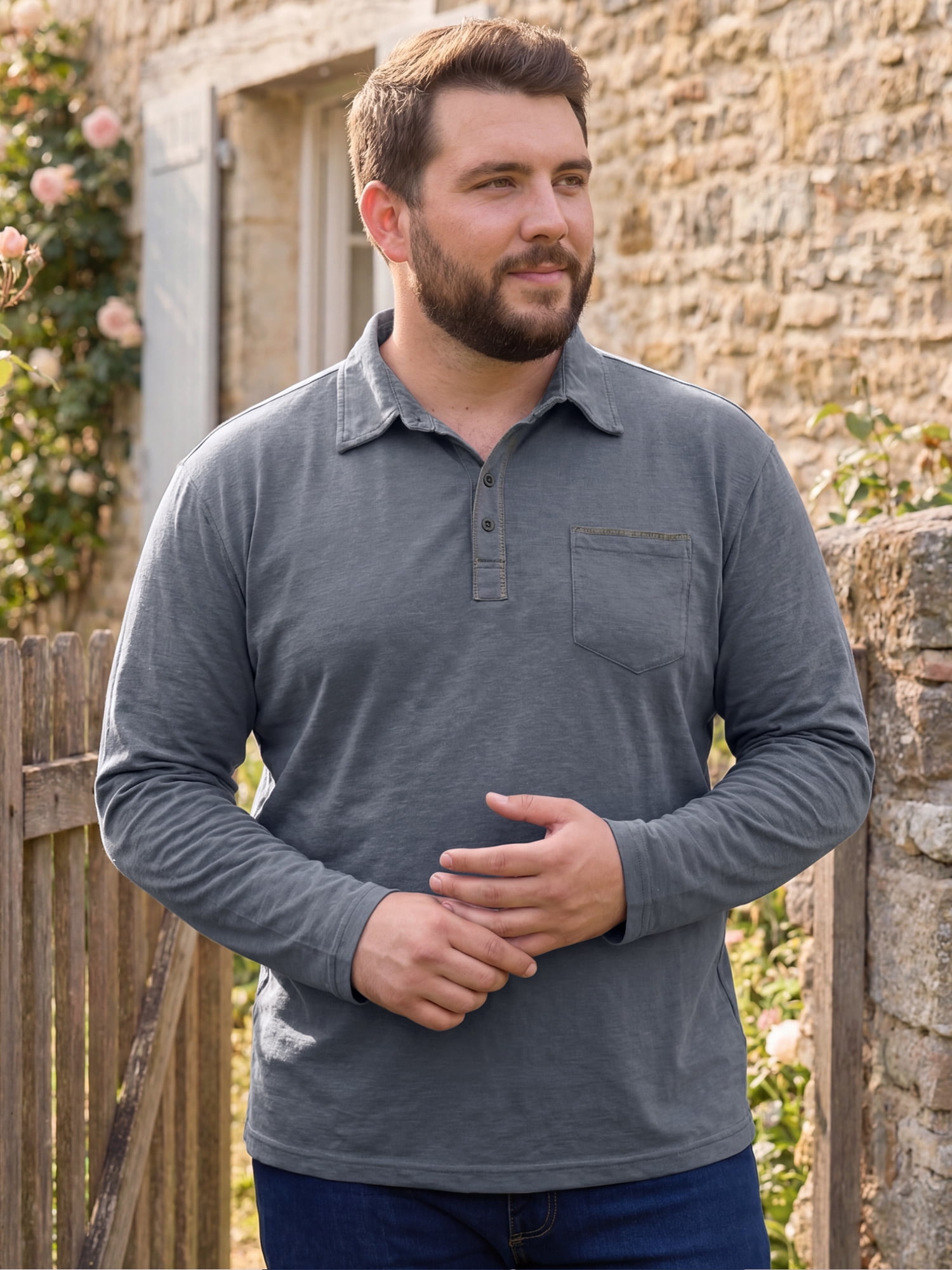 DARING DIVA Men's Big Tall Chest Pocket Long Sleeve Business Polo Shirt 3XL Gray
