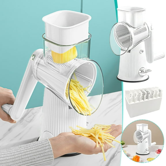 Uutvmp Rotary Cheese Grater with Handle, Speed Hand Crank Cheese Shredder with 5 Interchangeable Blades, Kitchen Vegetable Slicer with Strong Suction Base for Fruit Vegetables Nuts, White