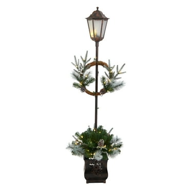 Nearly Natural 50 Warm White LED Lights, 5' Holiday Pre-lit Decorated Lamp Post with Artificial Christmas Greenery, Indoor Outdoor Patio Porch Decor