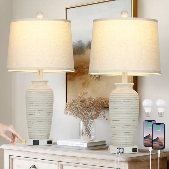 Cinkeda Set of 2 Dimmable Touch Control Table Lamps with USB-C & AC Outlet, 25-inch Retro Resin White Jar Lamps for Bedroom Nightstand, Living Room