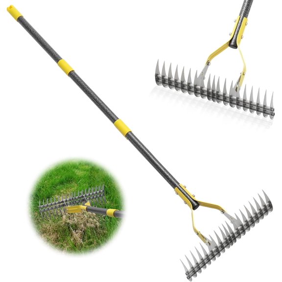PRI  Thatch Rake,55 Inch Heavy Duty Lawn Thatching with Adjustable Stainless Steel Handle,Multiple Garden Rake for Leaves,Lawn Loosening Soil,Backyard,Garden