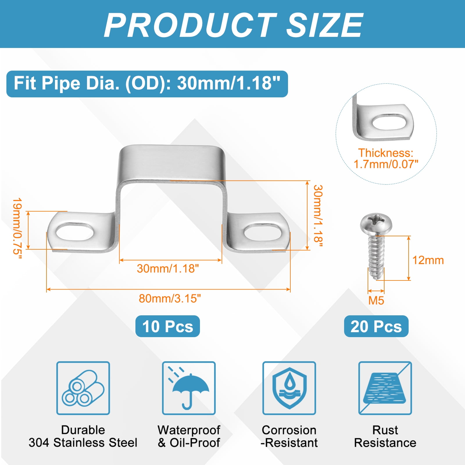Uxcell 10pcs 1.2" x 1.2" Square Pipe Clamp, 304 Stainless Steel U Shaped Connector Bracket Heavy Duty Tube Strap Buckle with Self-Tapping Screws for Tube Installation