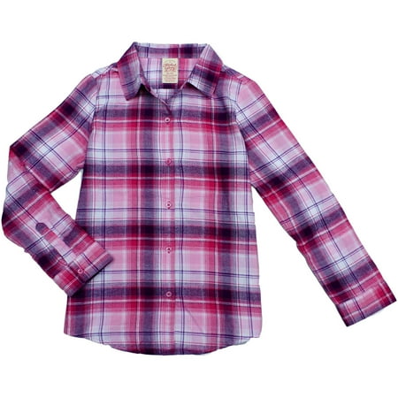 Zappos Footer Add a cozy piece to a girl's cool-weather wardrobe with this Faded Glory Girls' Flannel Button-Down Shirt. It is made of 99 percent cotton and features a long length that allows it to be worn with comfortably leggings or denim.