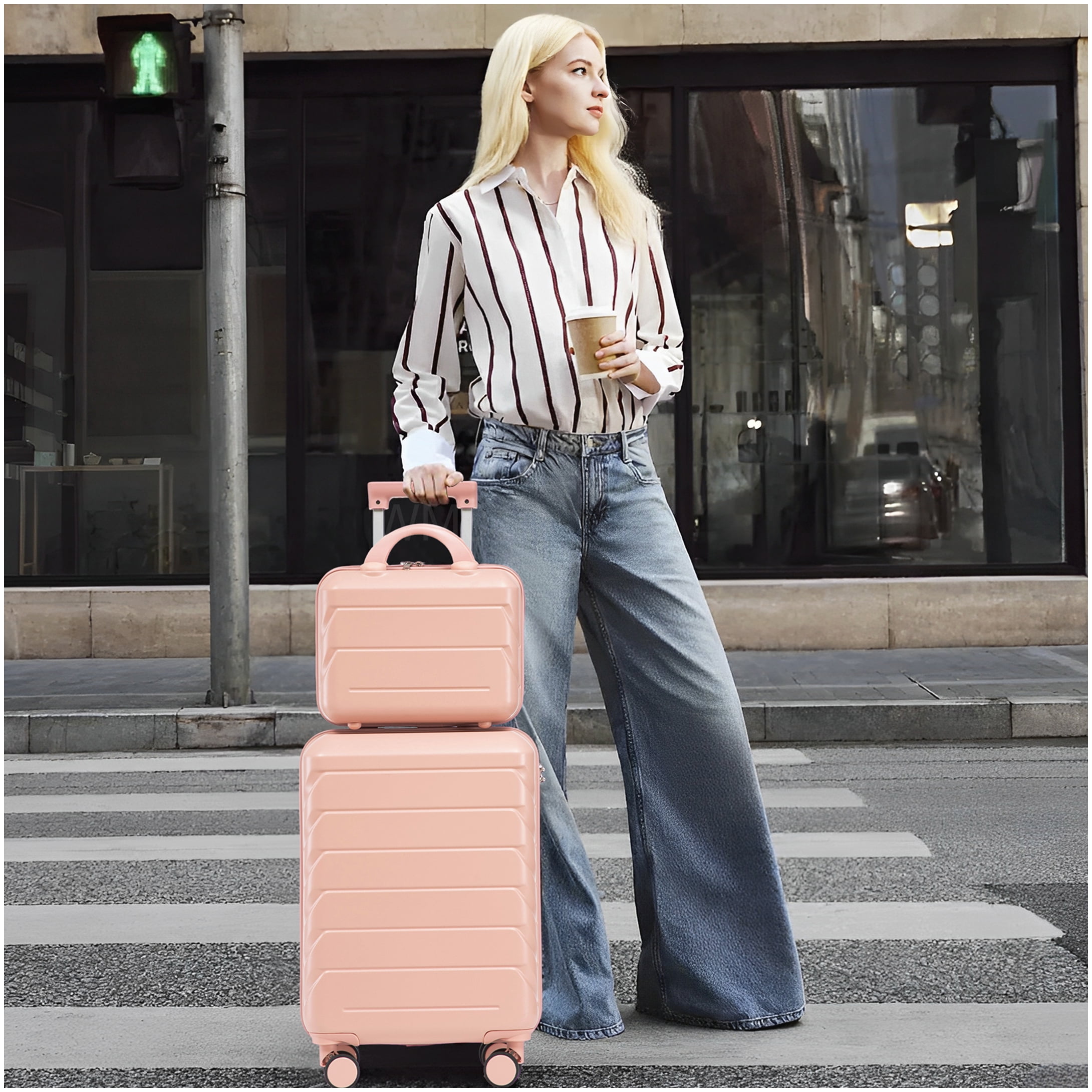 ABS Pink Spinner Luggage Set with Cosmetic Case, TSA Lock for Carry-On