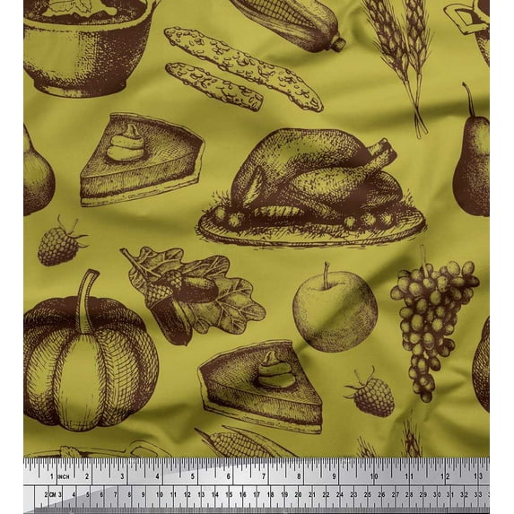 Soimoi Cotton Cambric Fabric Fruits,Non Veg & Cake Slice Food Printed Fabric 1 Yard 42 Inch Wide